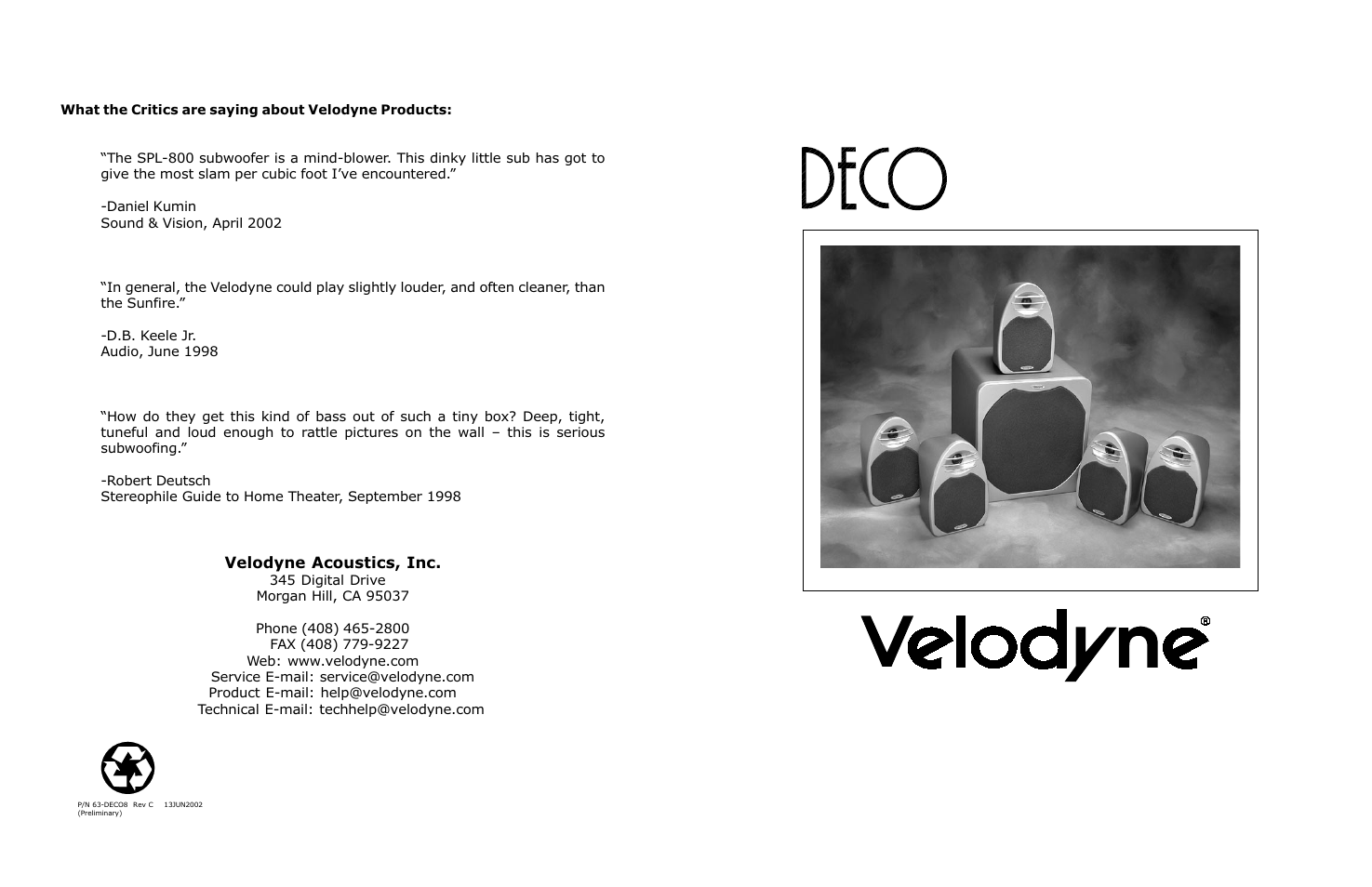 Velodyne Acoustics DECO User Manual | 12 pages