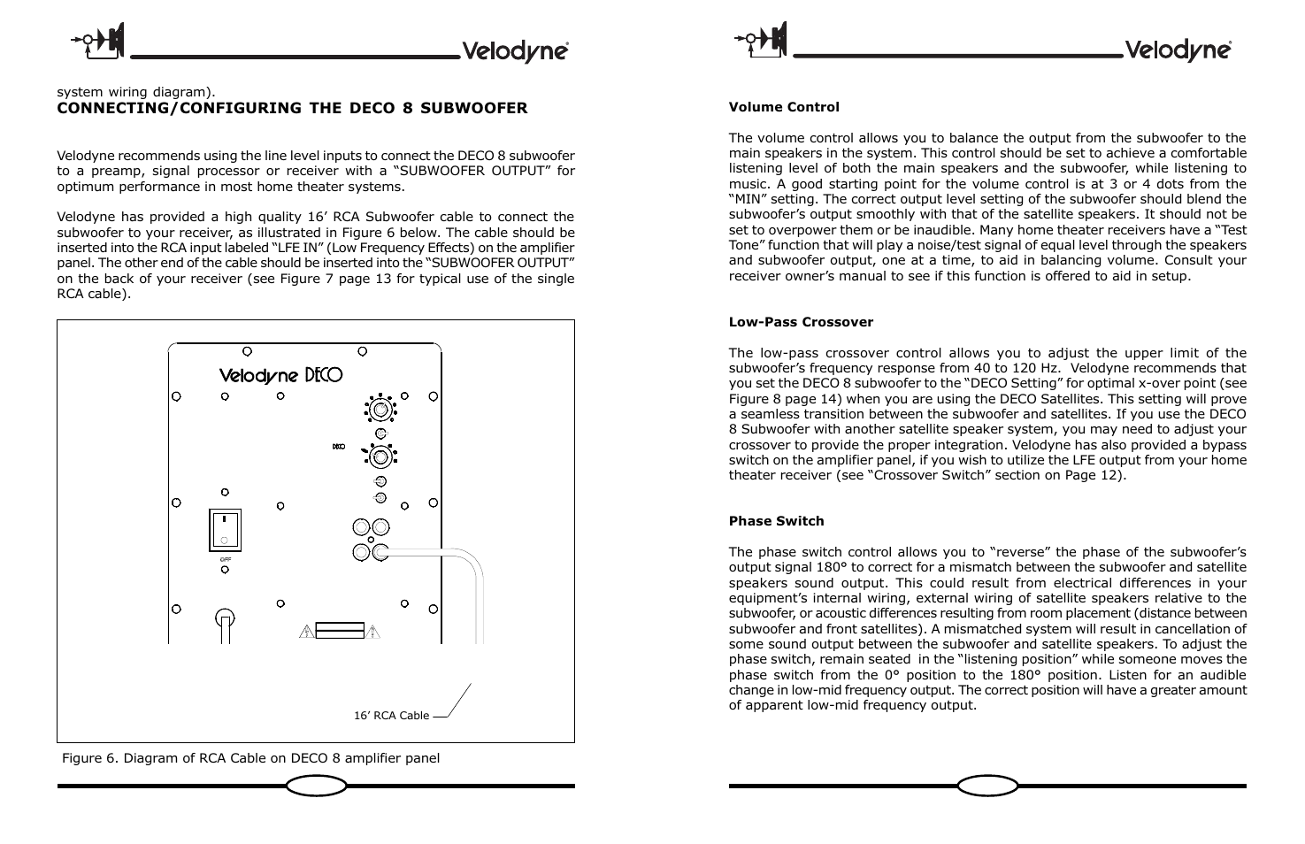 Connecting/configuring the deco 8 subwoofer, Page-10 page-11, 16 rca cable | It u a | Velodyne Acoustics DECO User Manual | Page 12 / 12