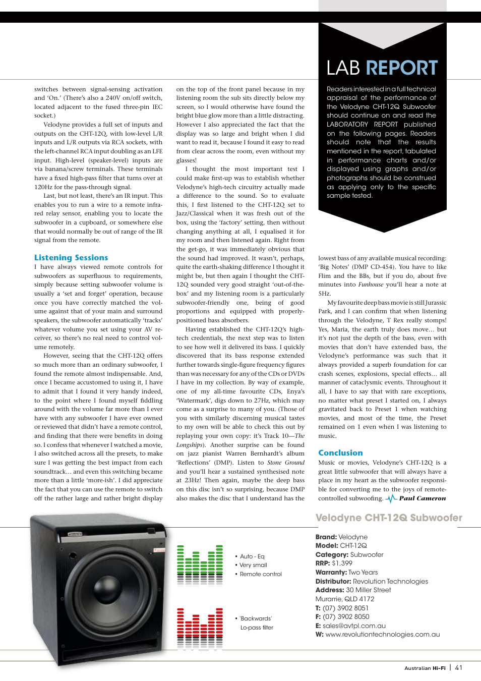 Lab report, Velodyne cht-12q subwoofer | Velodyne Acoustics VELODYNE CHT-12Q User Manual | Page 2 / 3