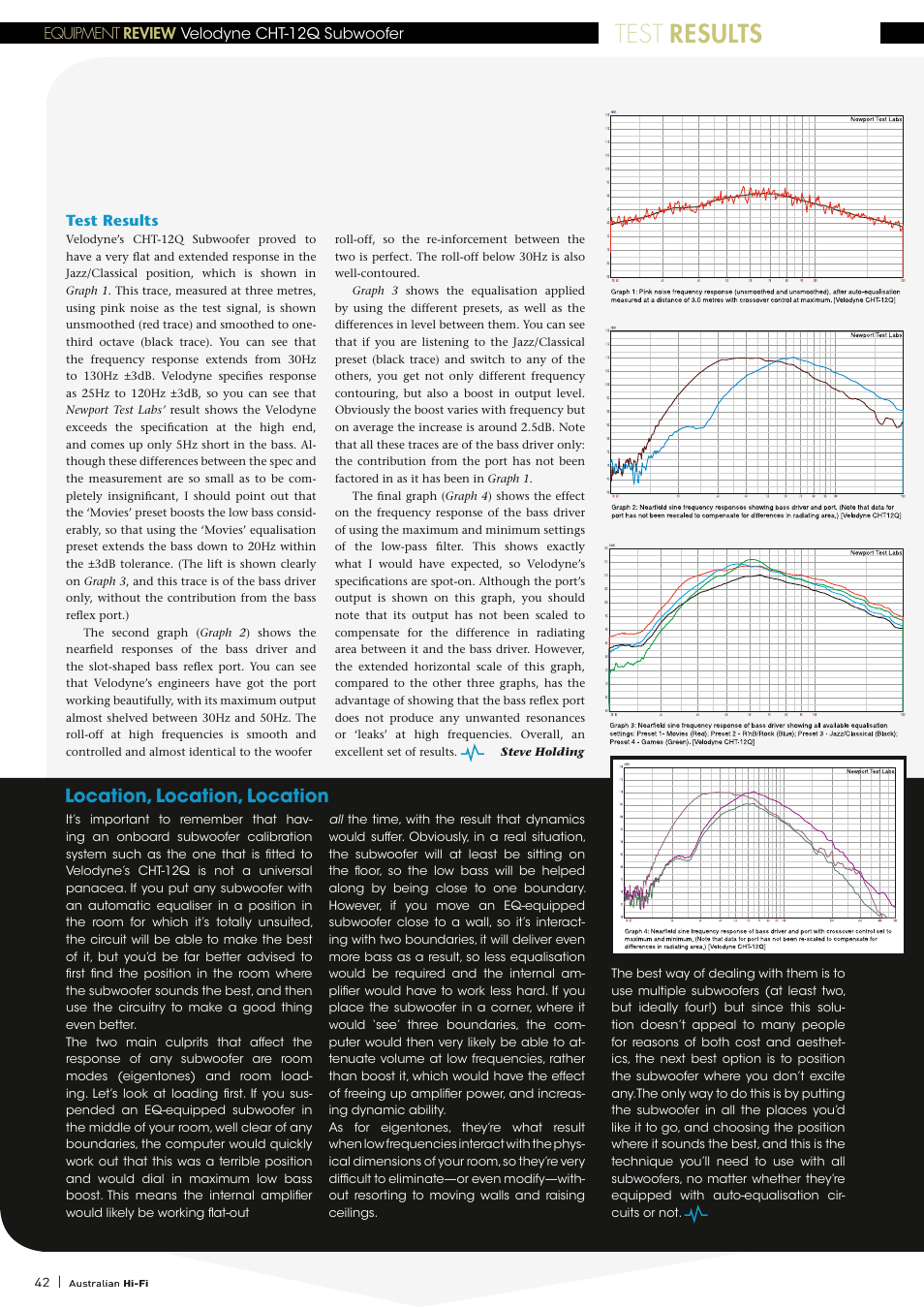 Test results, Location, location, location | Velodyne Acoustics VELODYNE CHT-12Q User Manual | Page 3 / 3