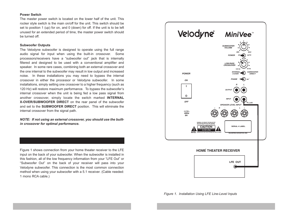 Line-level connection - option a, Figure 1. installation using lfe line-level inputs, Home theater receiver | Velodyne Acoustics MiniVee Audio/Video Subwoofer System User Manual | Page 4 / 9