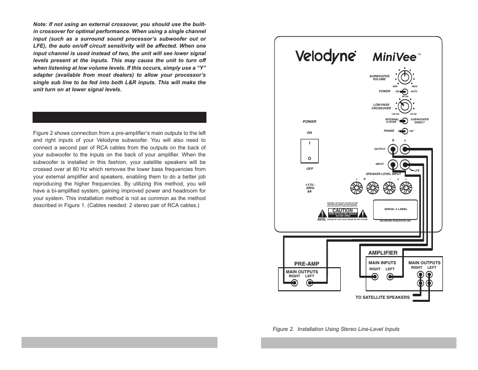 Line-level connection - option b, Pre-amp, Amplifier | Velodyne Acoustics MiniVee Audio/Video Subwoofer System User Manual | Page 5 / 9