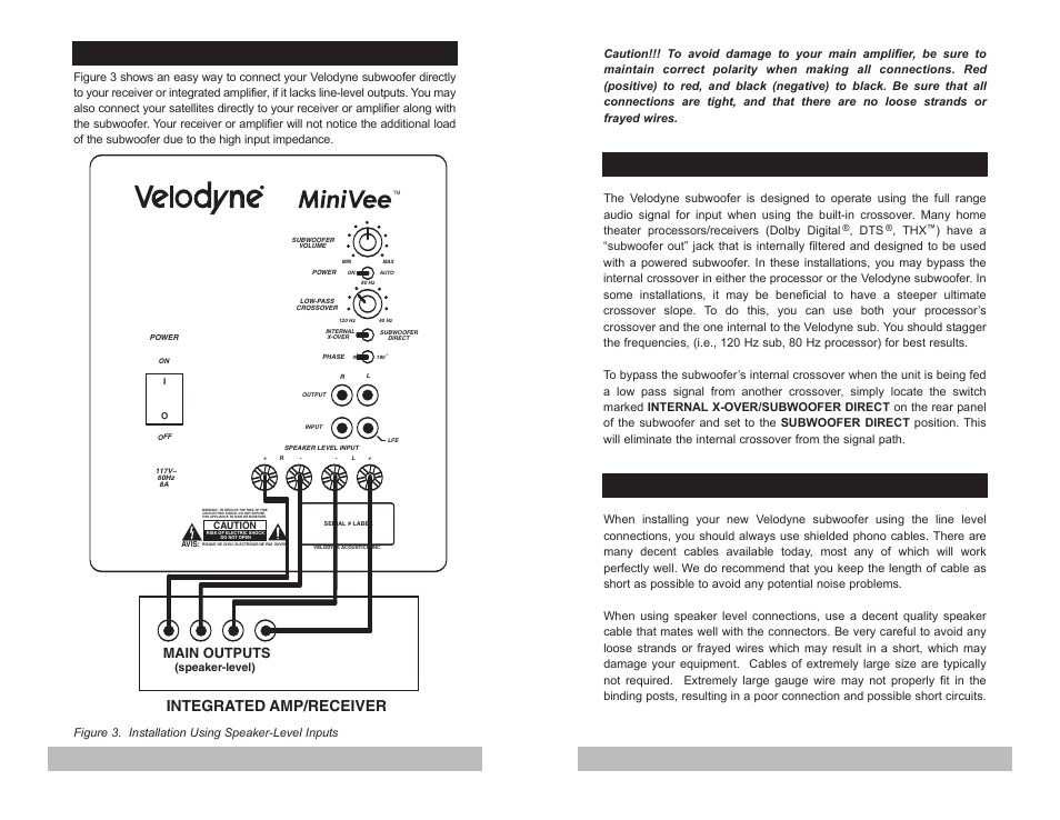 Speaker-level connections, Subwoofer outputs, Interconnect cables | Integrated amp/receiver, Main outputs | Velodyne Acoustics MiniVee Audio/Video Subwoofer System User Manual | Page 6 / 9