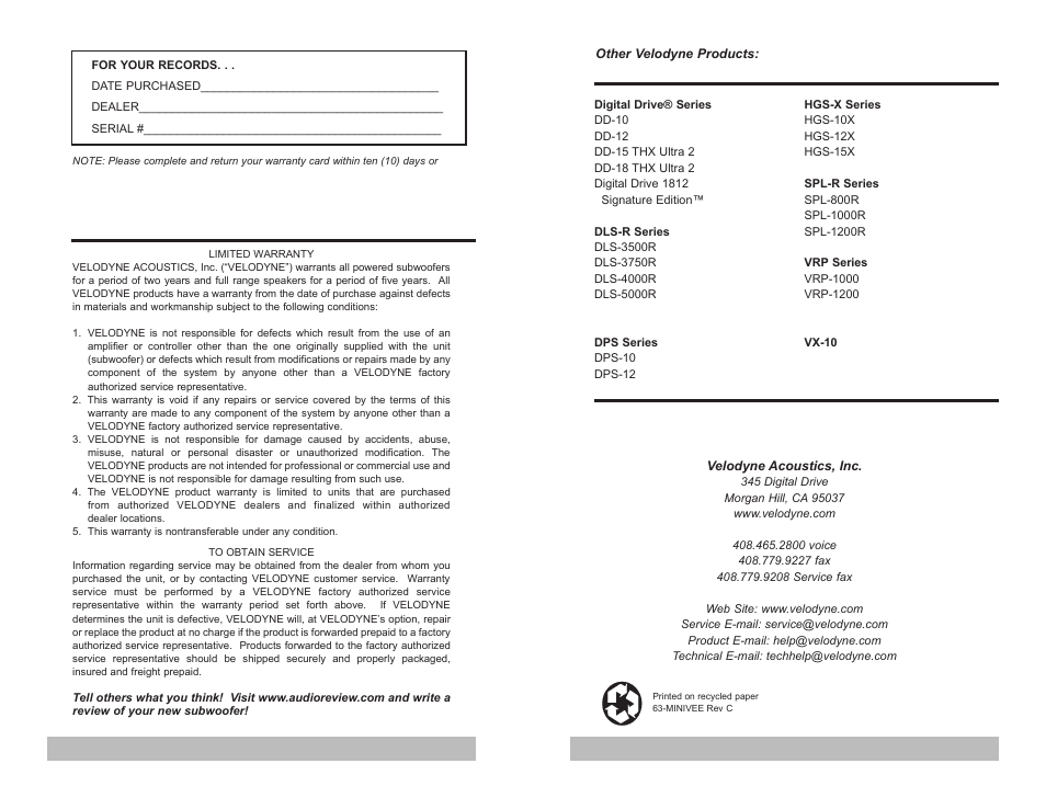 Velodyne Acoustics MiniVee Audio/Video Subwoofer System User Manual | Page 9 / 9