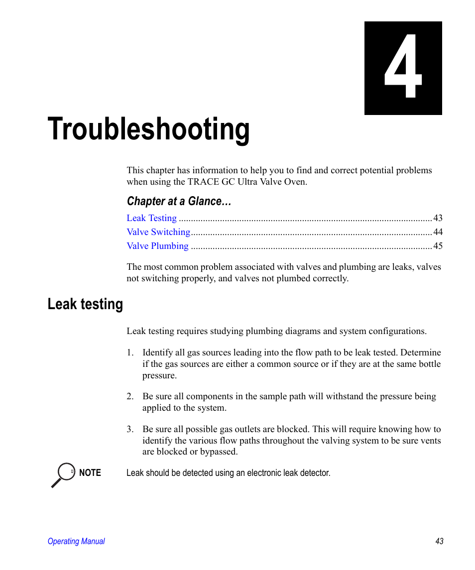 Troubleshooting, Leak testing, Chapter 4 troubleshooting | Chapter 4 | Valco electronic Valve Oven User Manual | Page 43 / 62