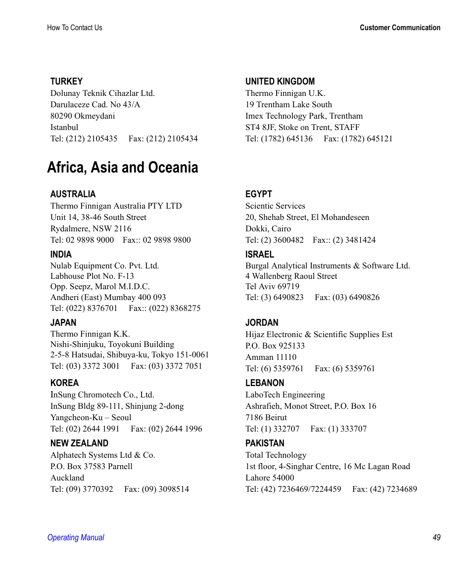 Africa, asia and oceania | Valco electronic Valve Oven User Manual | Page 49 / 62