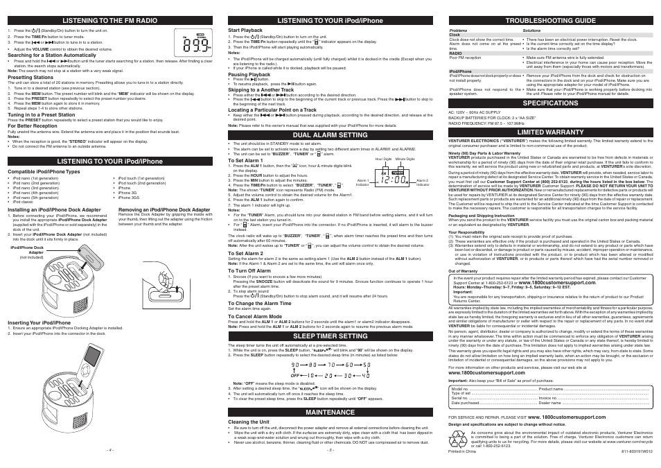 Maintenance, Limited warranty dual alarm setting, Specifications | Listening to the fm radio | Venturer IP873 User Manual | Page 2 / 2