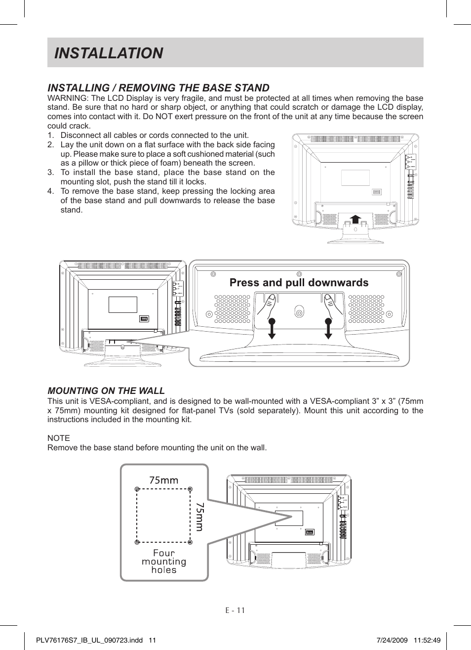 Installation, Installing / removing the base stand | Venturer PLV76176 User Manual | Page 12 / 20