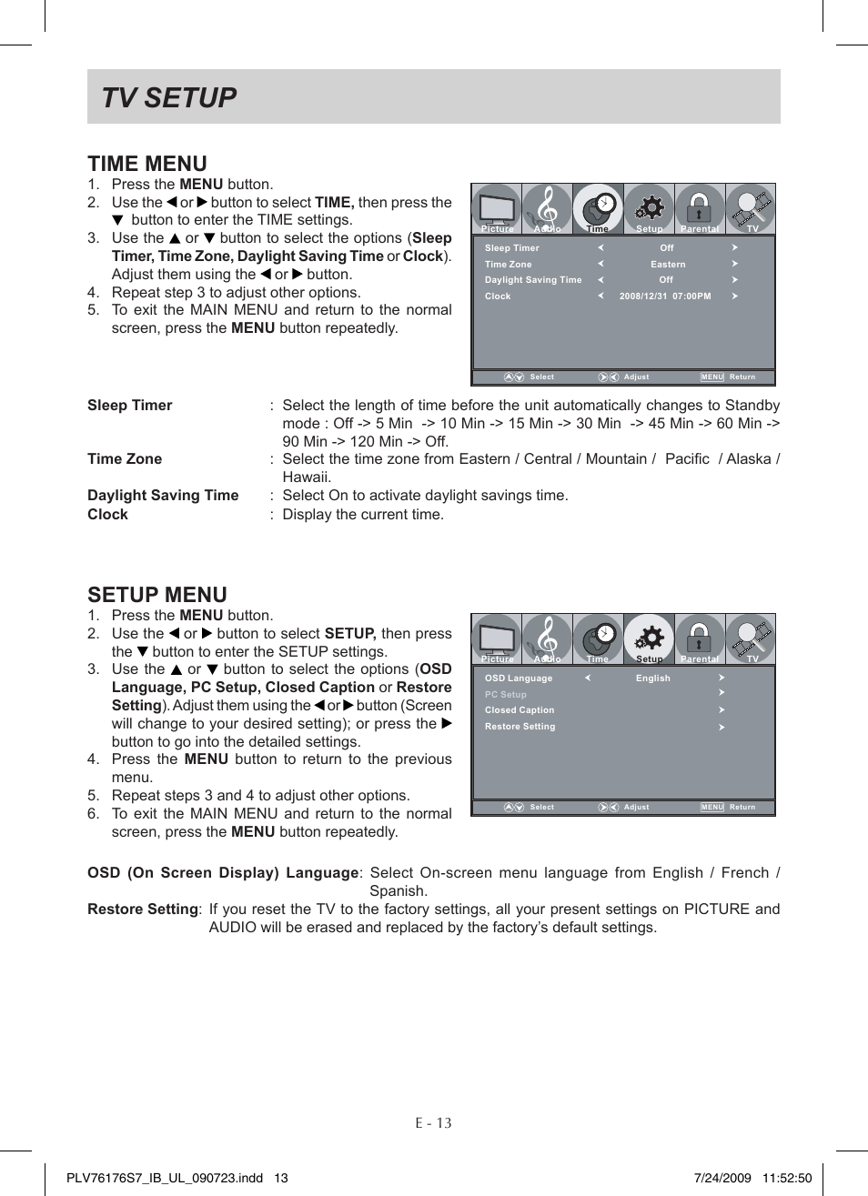 Tv setup, Time menu, Setup menu | Venturer PLV76176 User Manual | Page 14 / 20