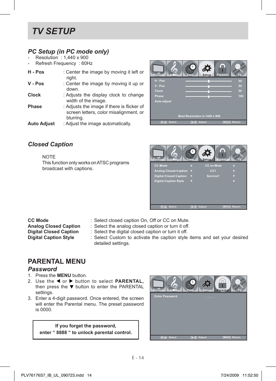Tv setup, Parental menu, Pc setup (in pc mode only) | Closed caption, Password | Venturer PLV76176 User Manual | Page 15 / 20