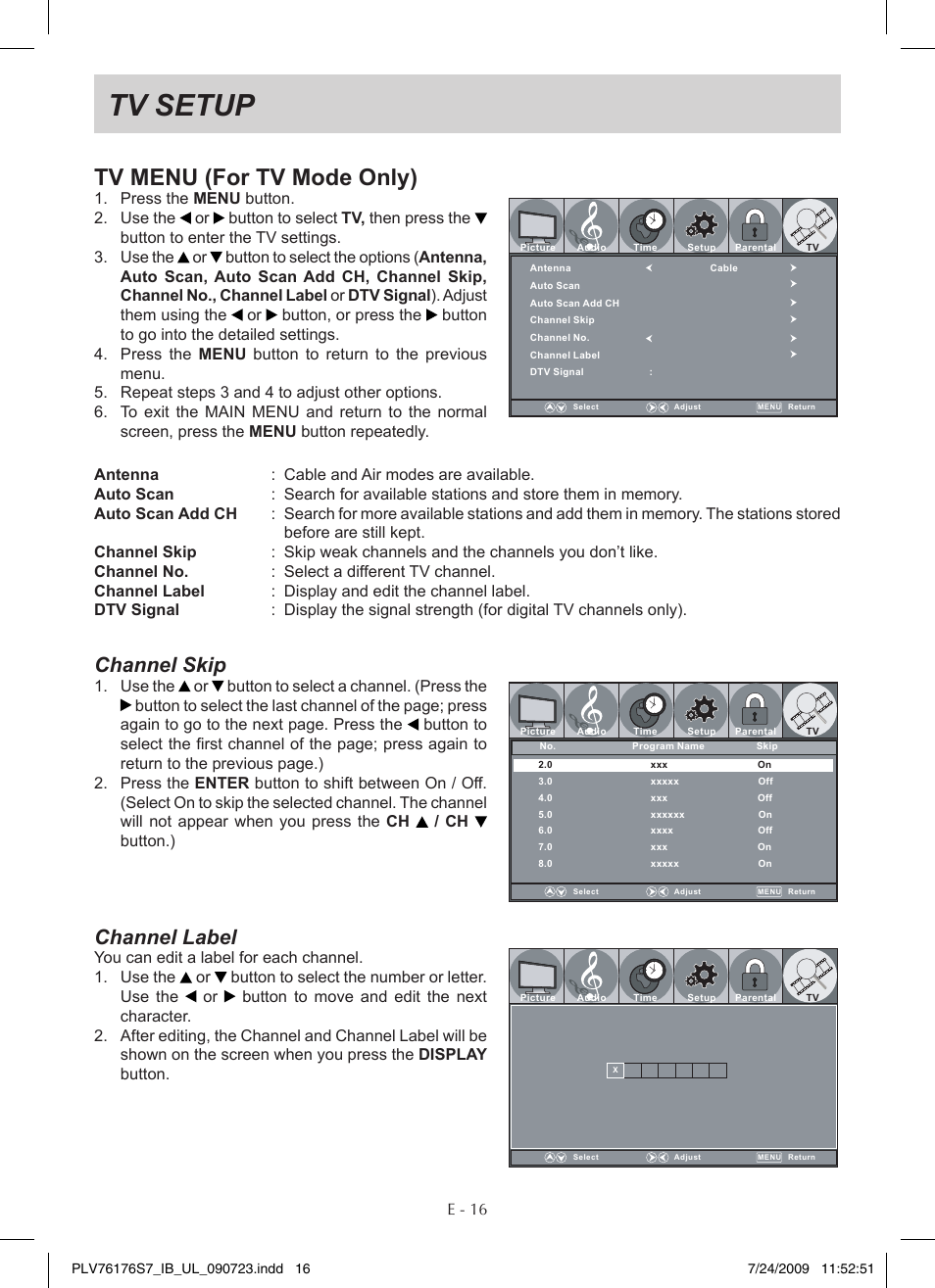 Tv setup, Tv menu (for tv mode only), Channel skip | Channel label | Venturer PLV76176 User Manual | Page 17 / 20