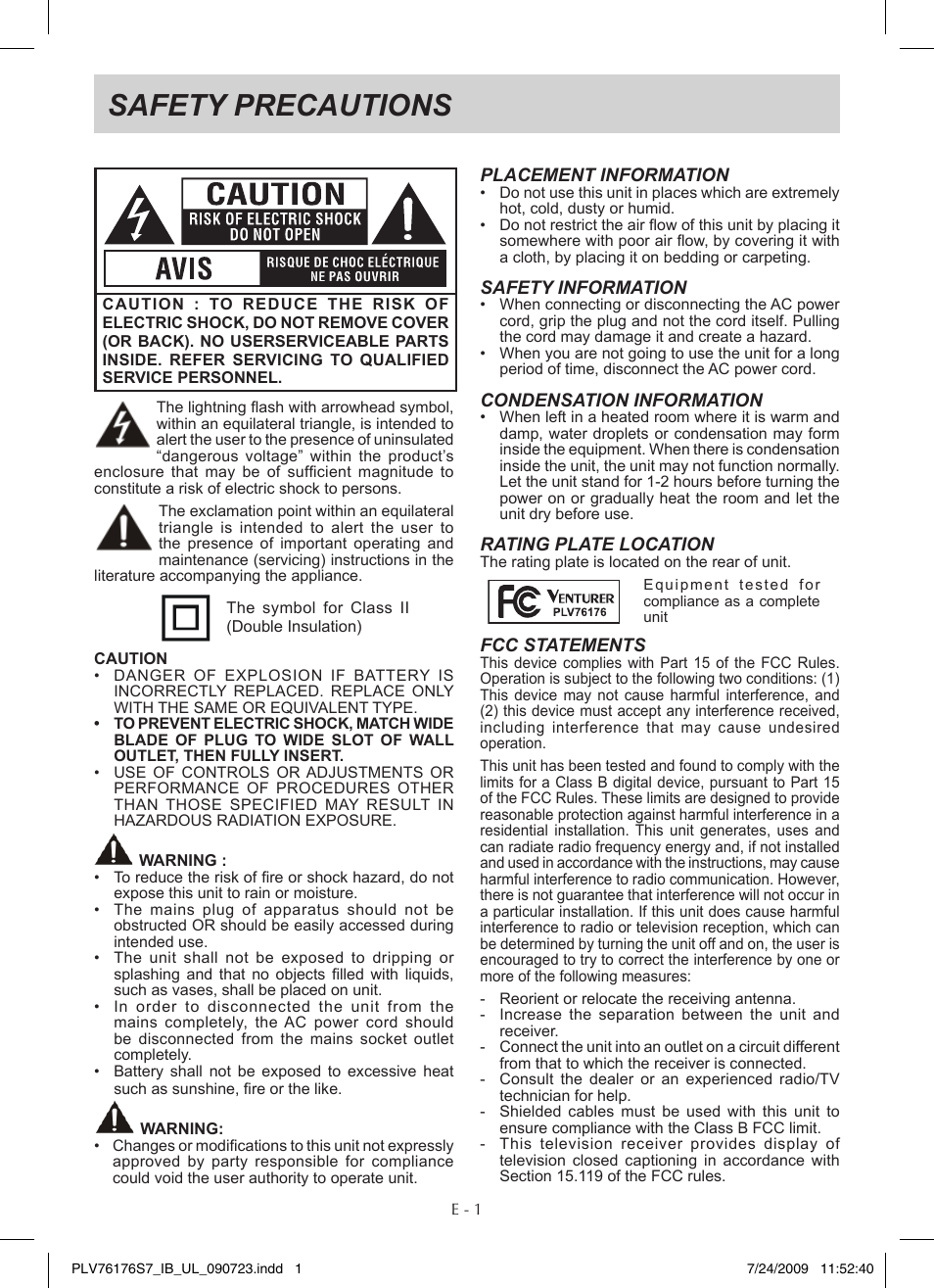 Safety precautions | Venturer PLV76176 User Manual | Page 2 / 20