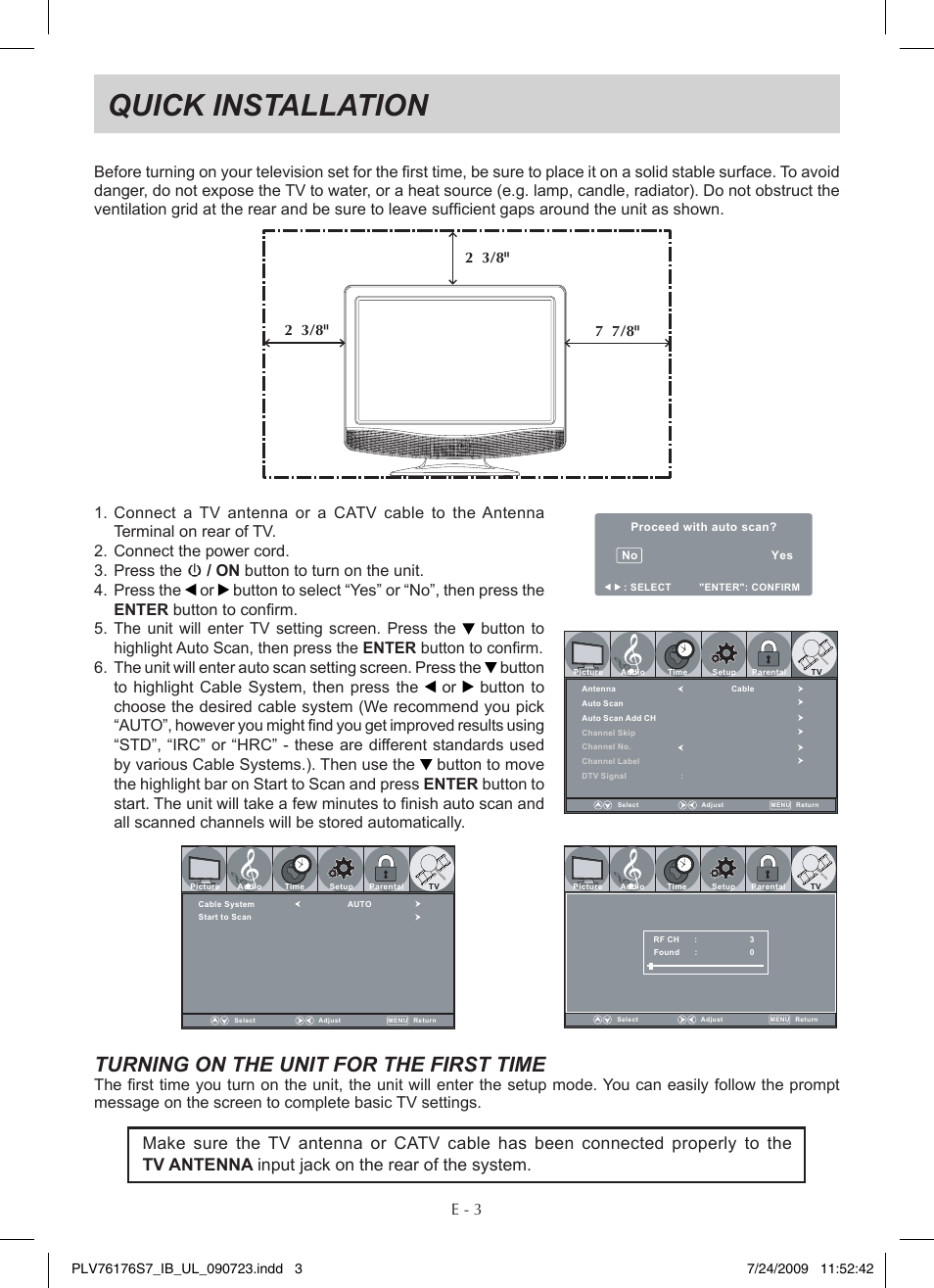 Quick installation, Turning on the unit for the first time | Venturer PLV76176 User Manual | Page 4 / 20