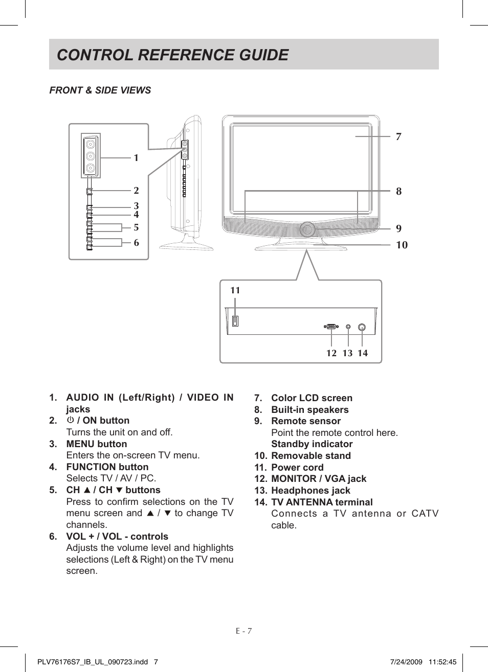 Control reference guide | Venturer PLV76176 User Manual | Page 8 / 20