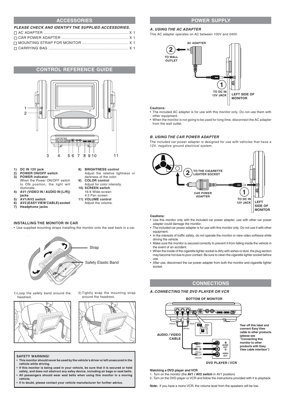 Strap safety elastic band, Accessories, Control reference guide power supply | Connections | Venturer AVM670 User Manual | Page 2 / 2