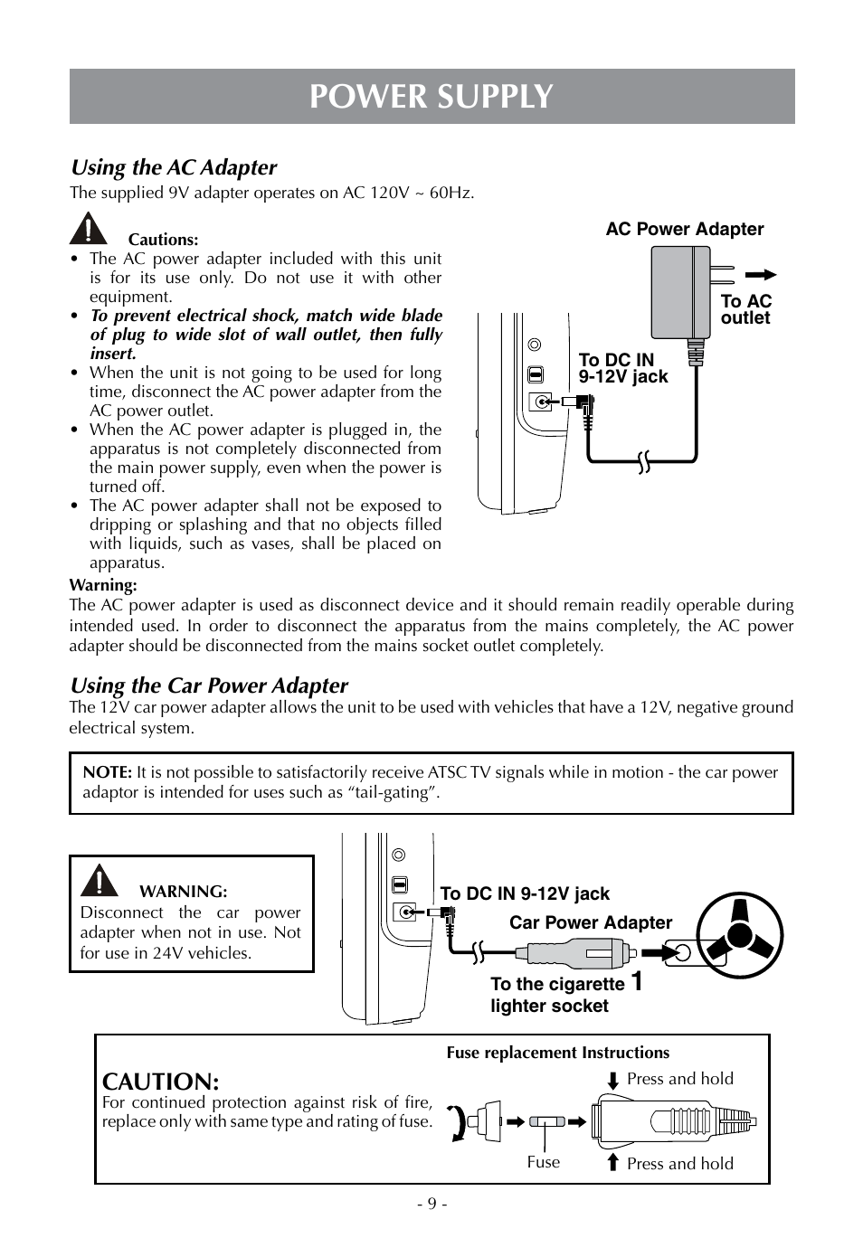 Power supply, Caution, Using the ac adapter | Using the car power adapter | Venturer PLV16070 User Manual | Page 10 / 16