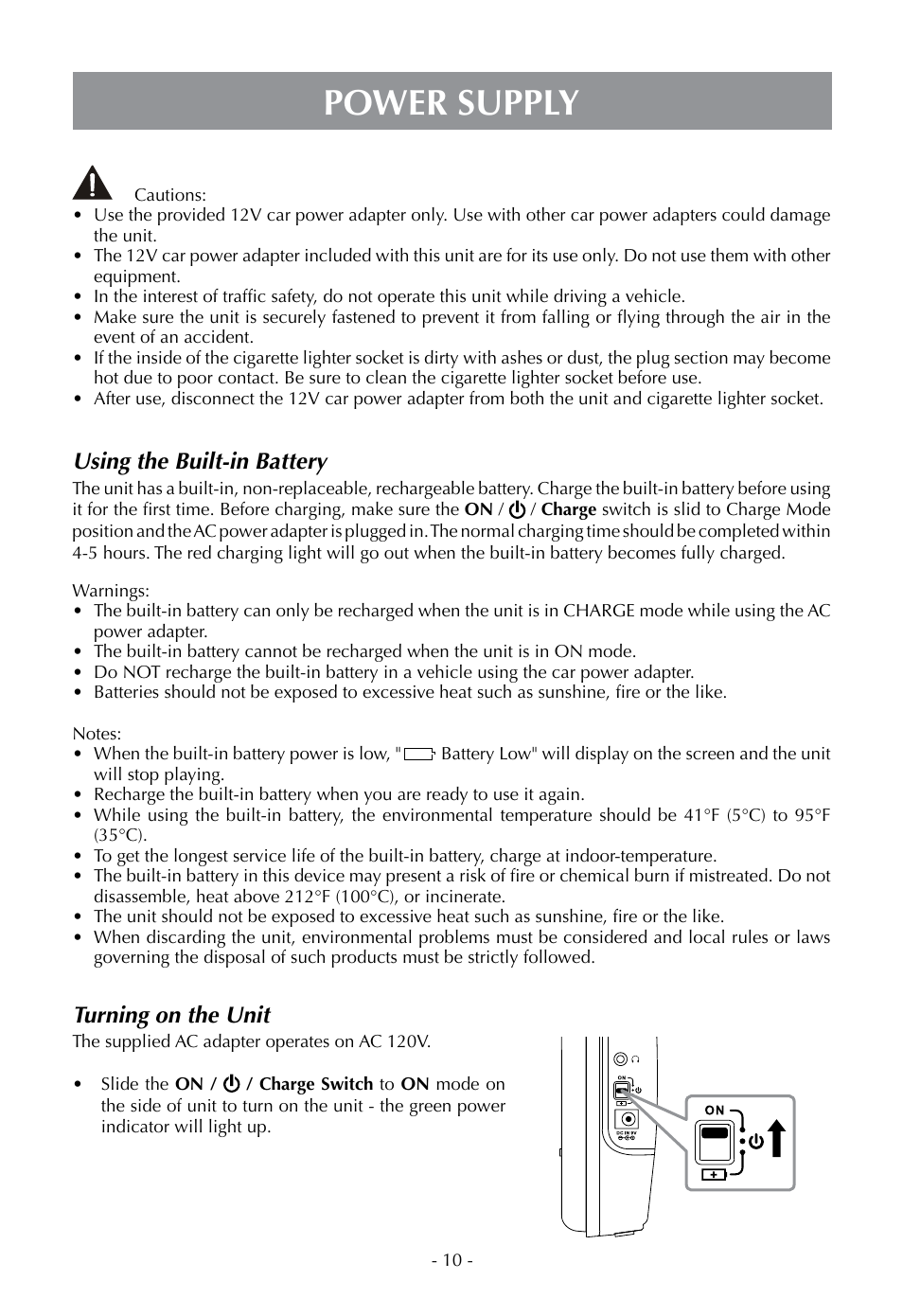 Power supply, Turning on the unit, Using the built-in battery | Venturer PLV16070 User Manual | Page 11 / 16