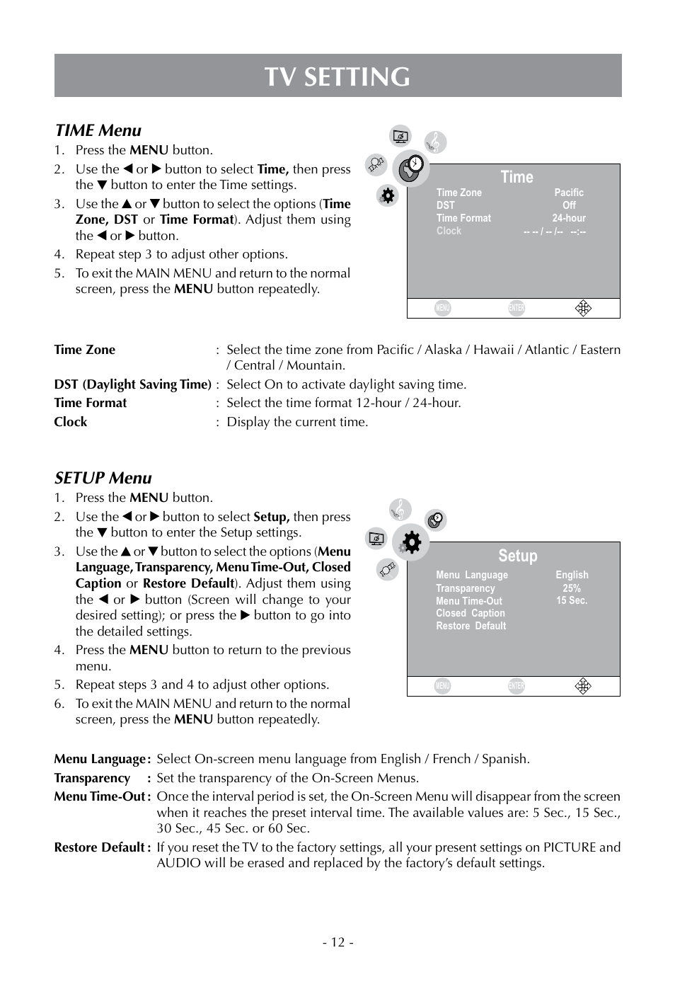 Tv setting, Time menu, Setup menu | Time, Setup | Venturer PLV16070 User Manual | Page 13 / 16
