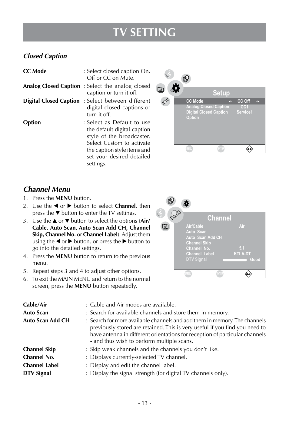 Tv setting, Setup, Channel menu | Channel, Closed caption | Venturer PLV16070 User Manual | Page 14 / 16