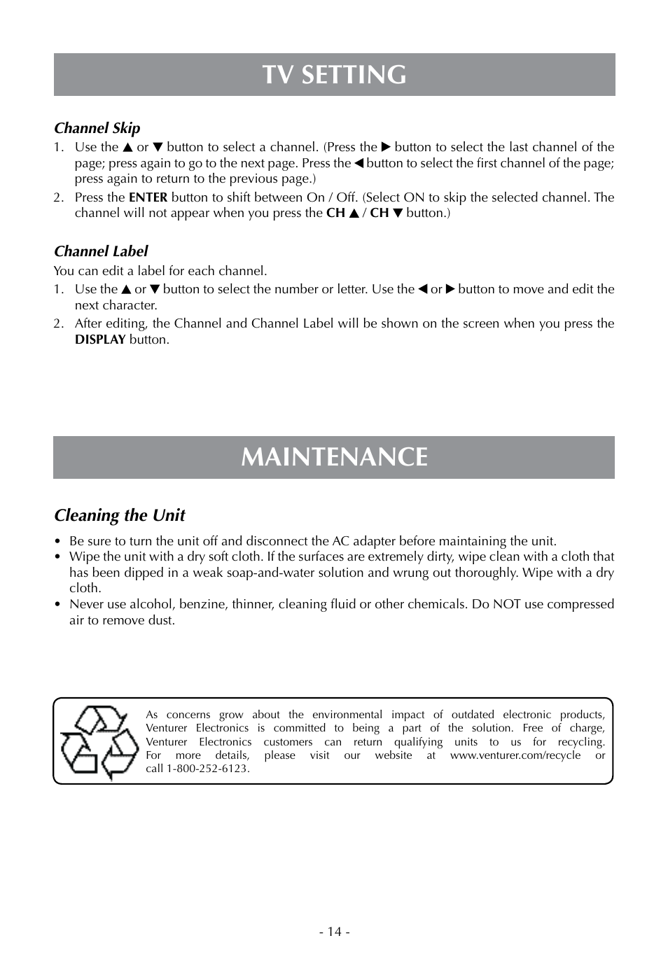 Tv setting, Maintenance, Cleaning the unit | Venturer PLV16070 User Manual | Page 15 / 16