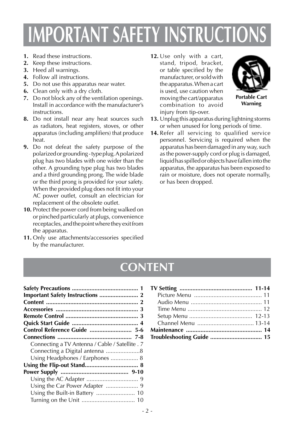 Important safety instructions, Content | Venturer PLV16070 User Manual | Page 3 / 16