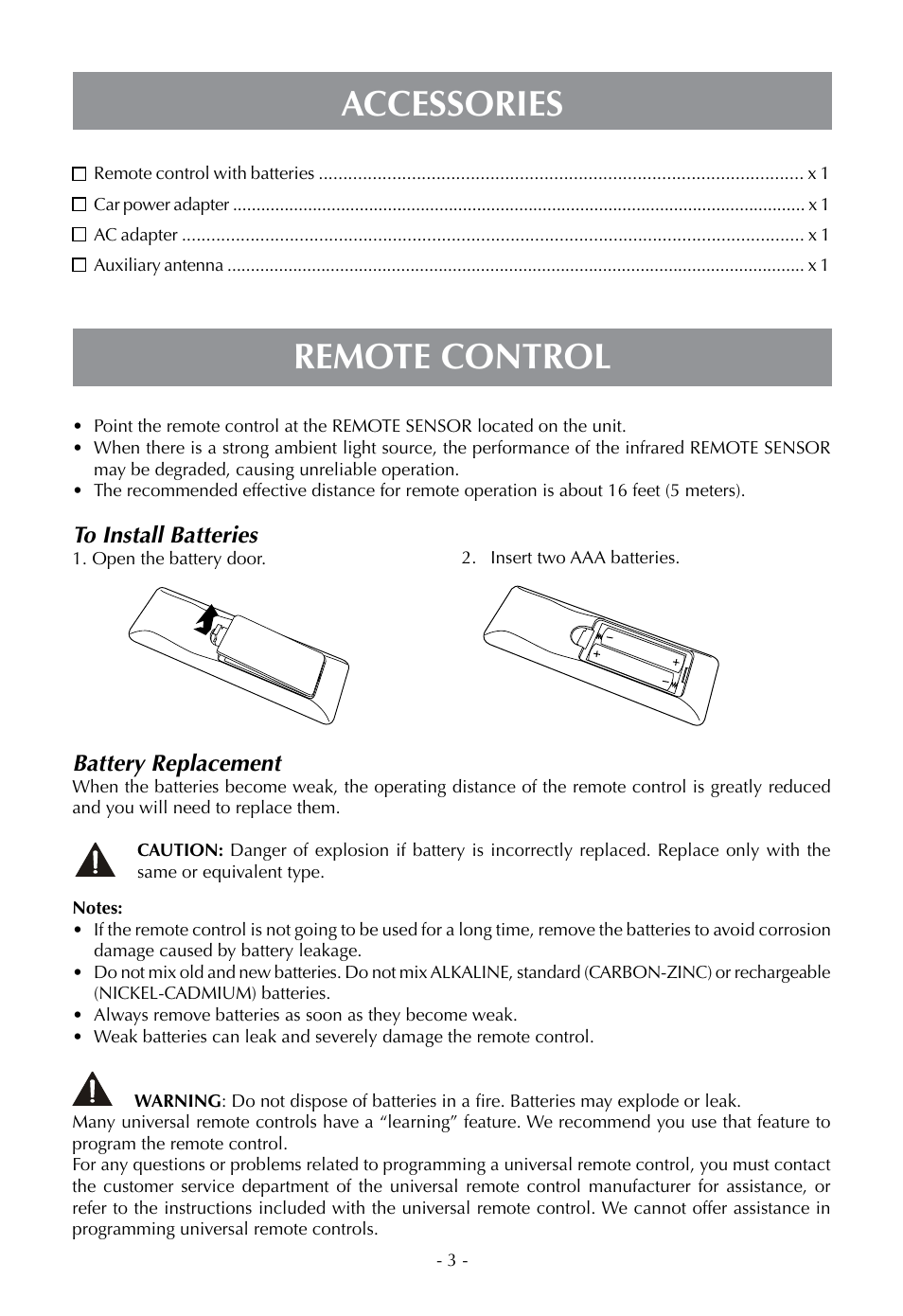 Remote control accessories, Battery replacement | Venturer PLV16070 User Manual | Page 4 / 16