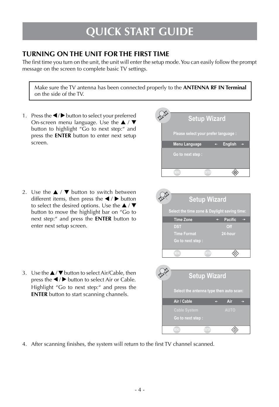 Quick start guide, Turning on the unit for the first time, Setup wizard | Venturer PLV16070 User Manual | Page 5 / 16