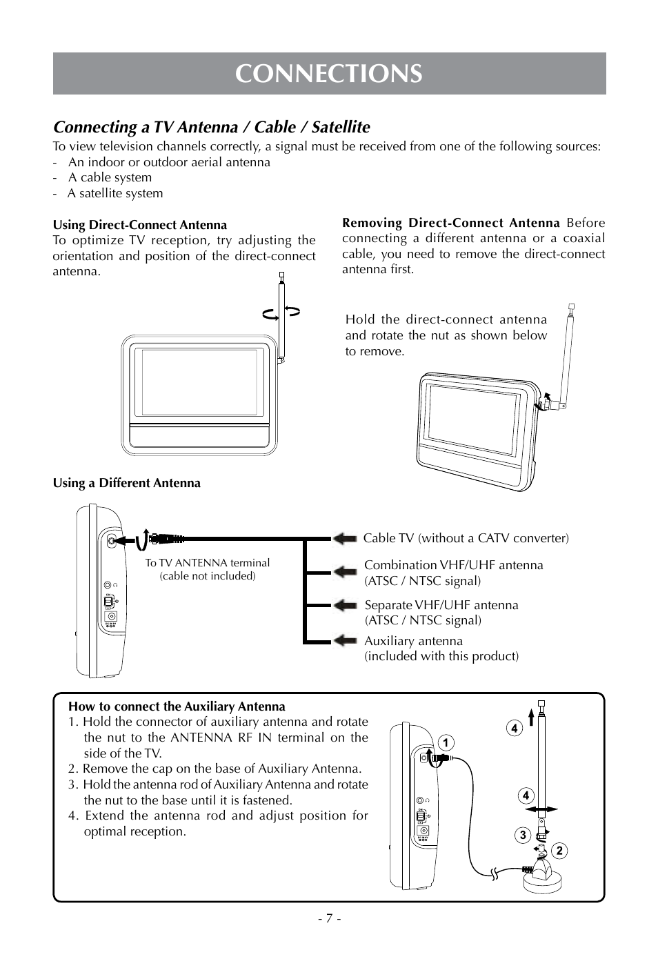 Connections, Connecting a tv antenna / cable / satellite | Venturer PLV16070 User Manual | Page 8 / 16