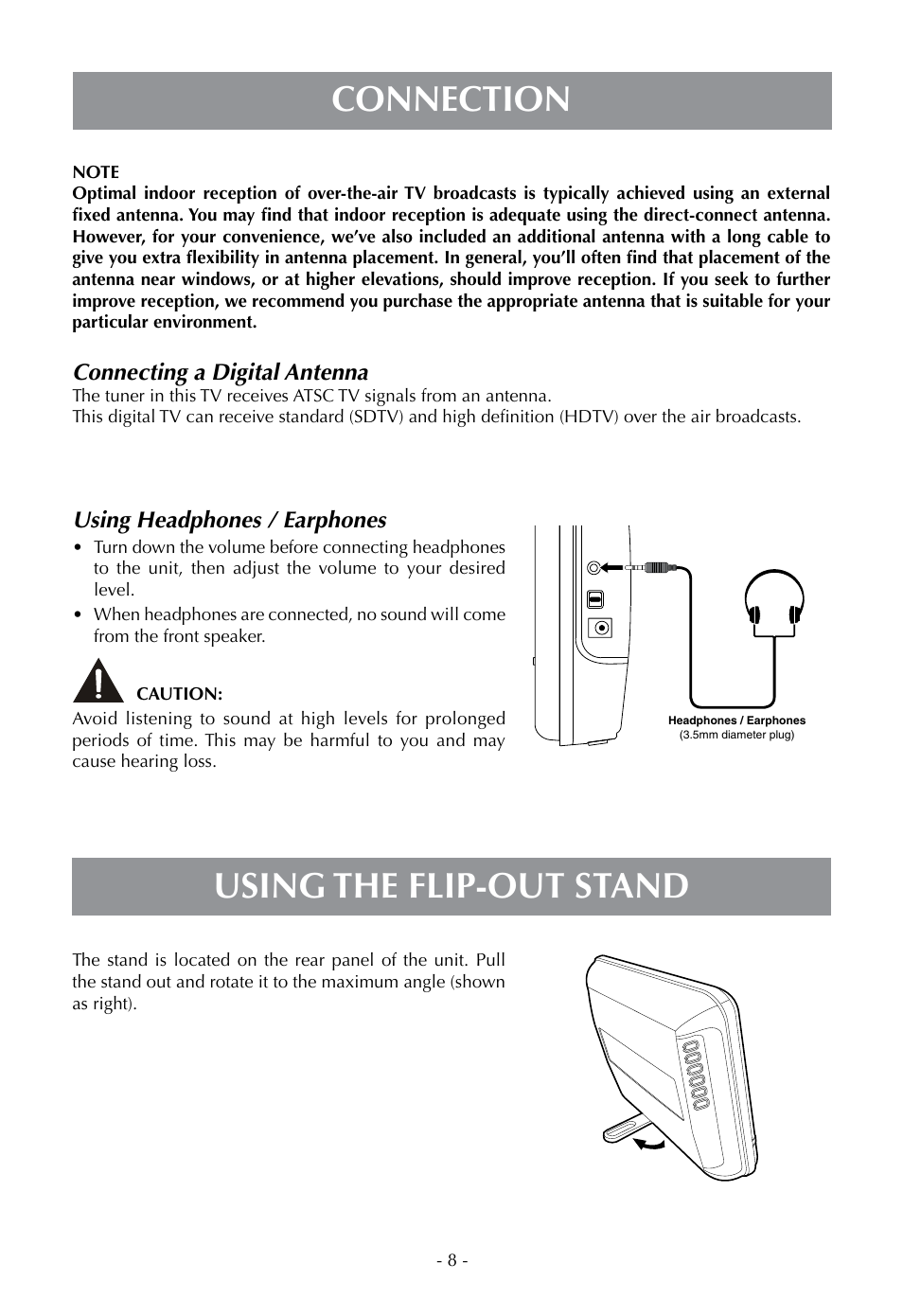 Connection using the flip-out stand, Using headphones / earphones, Connecting a digital antenna | Venturer PLV16070 User Manual | Page 9 / 16