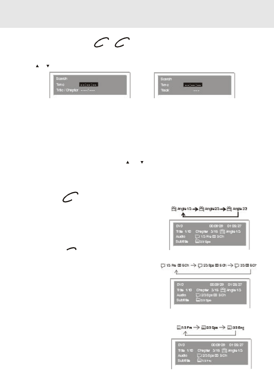 Special functions, Locating a specific time, Angle setting | Audio setting, Subtitle setting | Venturer KTS230 User Manual | Page 21 / 34