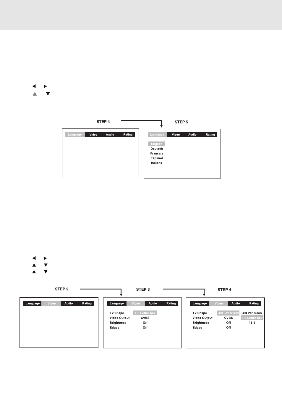 Customizing the function settings, Language setting, Video setting | Tv shape | Venturer KTS230 User Manual | Page 26 / 34