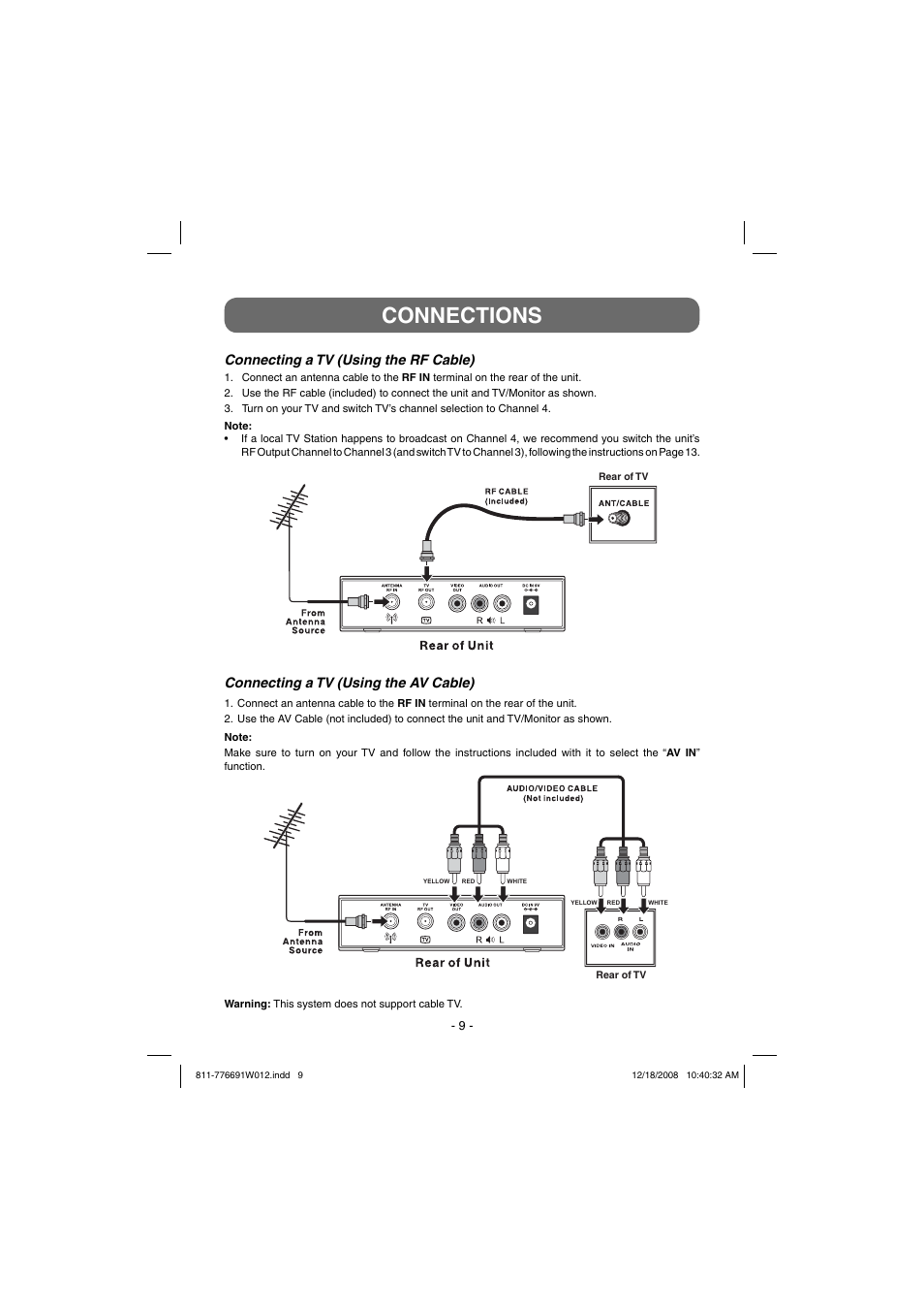 Connections, Connecting a tv (using the rf cable), Connecting a tv (using the av cable) | Venturer STB7766G User Manual | Page 10 / 20