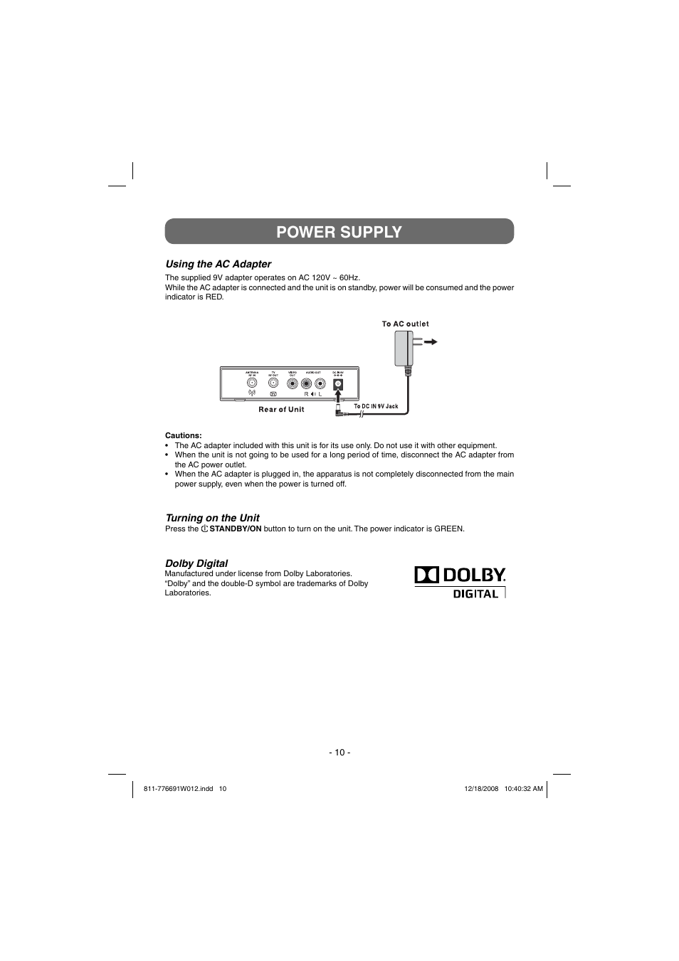 Power supply | Venturer STB7766G User Manual | Page 11 / 20