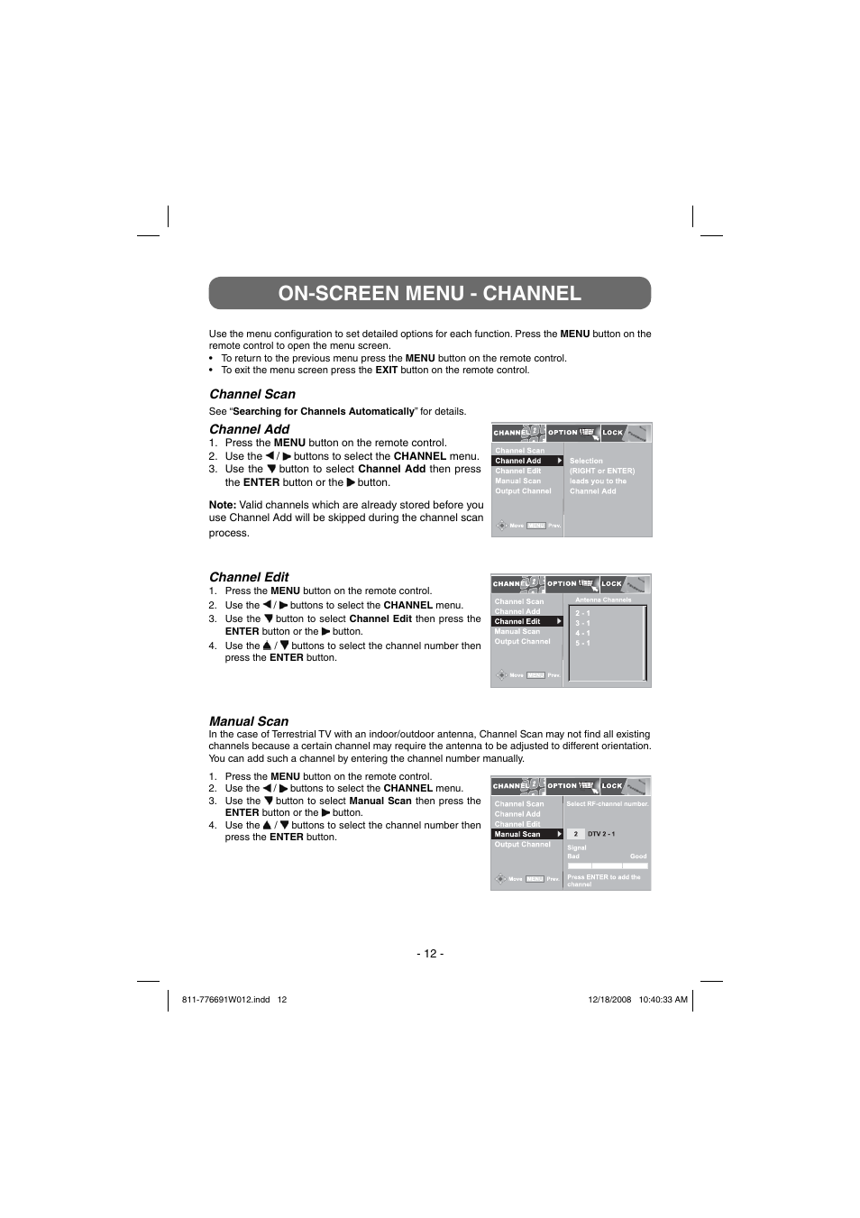 On-screen menu - channel | Venturer STB7766G User Manual | Page 13 / 20