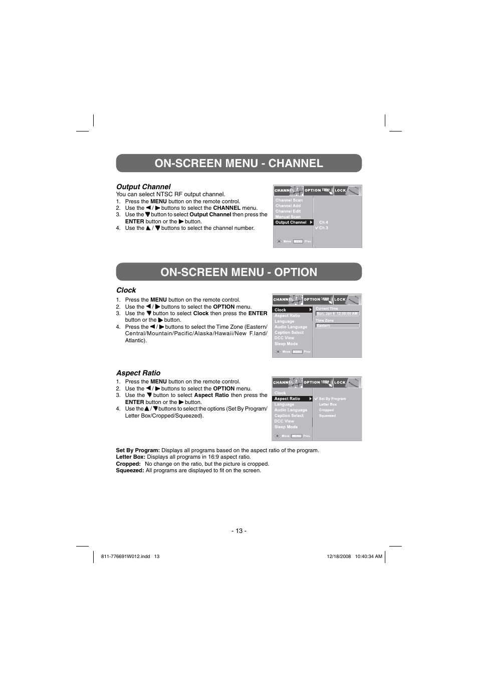 On-screen menu - option, On-screen menu - channel | Venturer STB7766G User Manual | Page 14 / 20