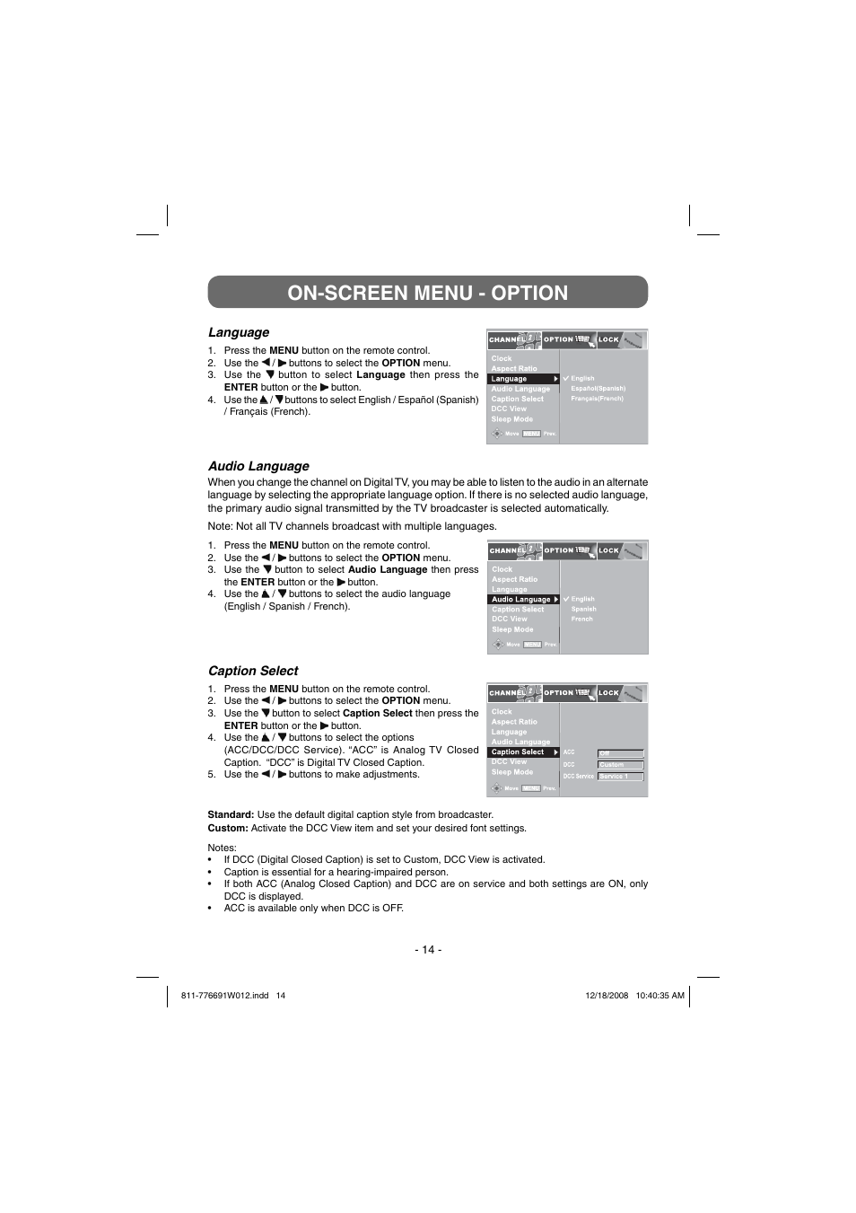 On-screen menu - option | Venturer STB7766G User Manual | Page 15 / 20