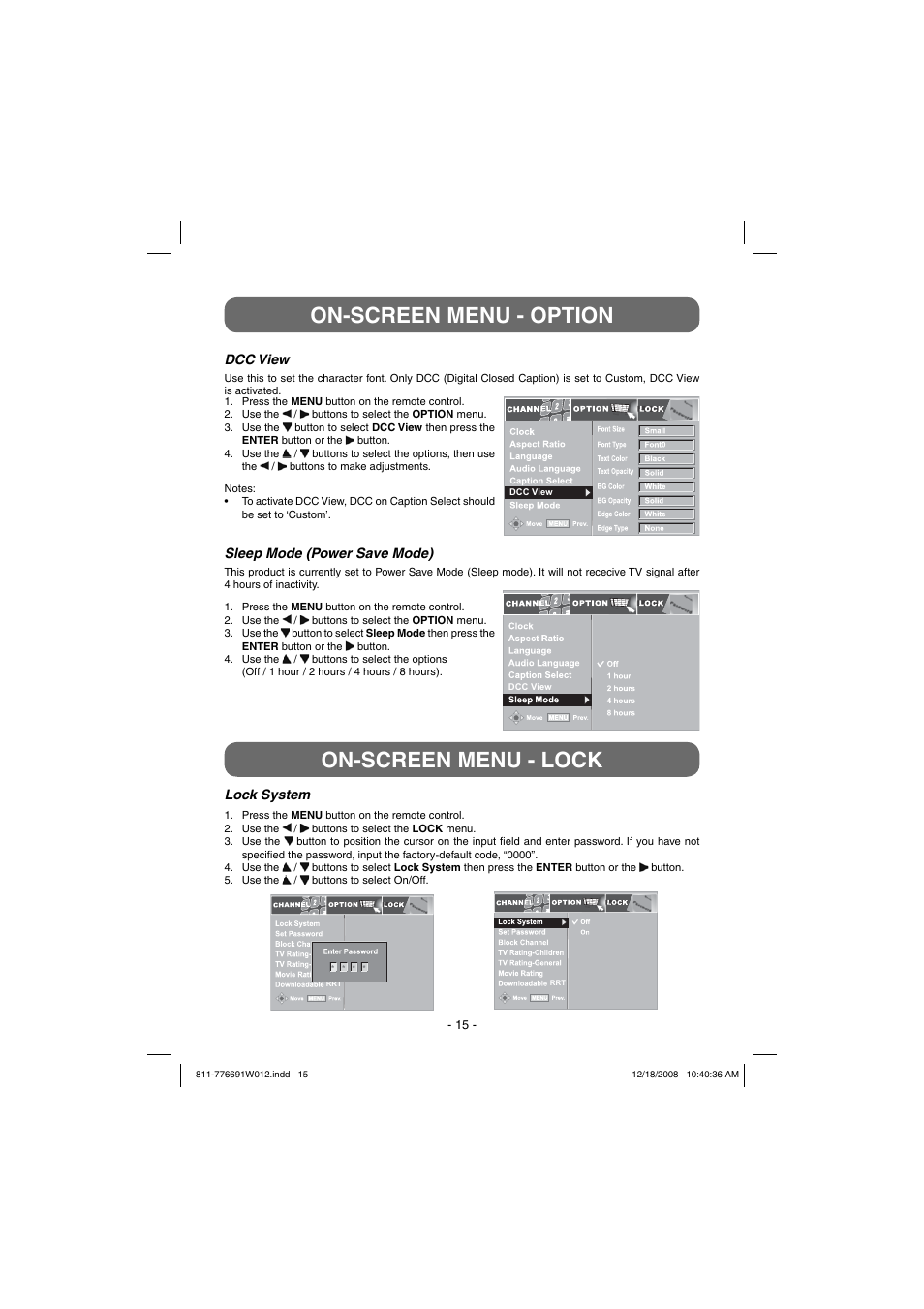 On-screen menu - option, On-screen menu - lock | Venturer STB7766G User Manual | Page 16 / 20