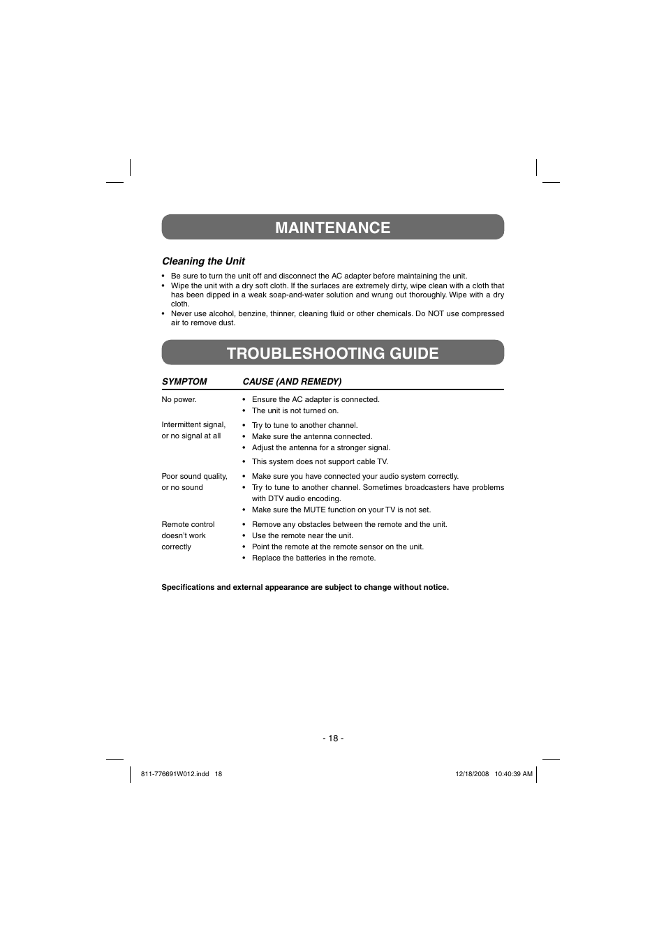 Troubleshooting guide maintenance | Venturer STB7766G User Manual | Page 19 / 20