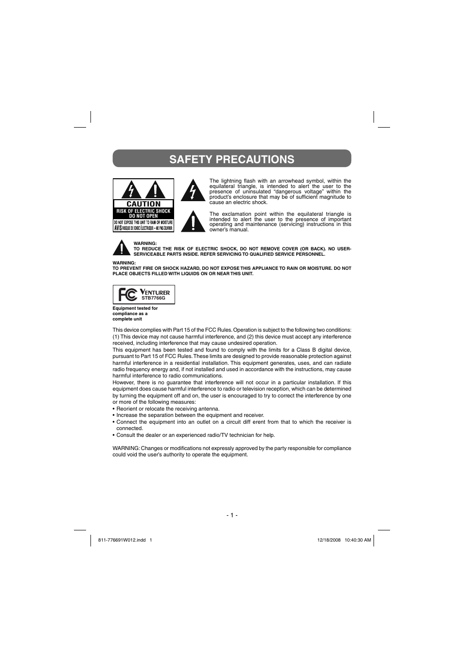 Safety precautions | Venturer STB7766G User Manual | Page 2 / 20