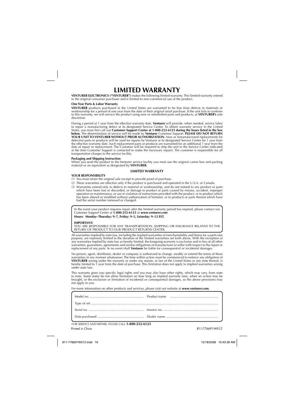Limited warranty | Venturer STB7766G User Manual | Page 20 / 20