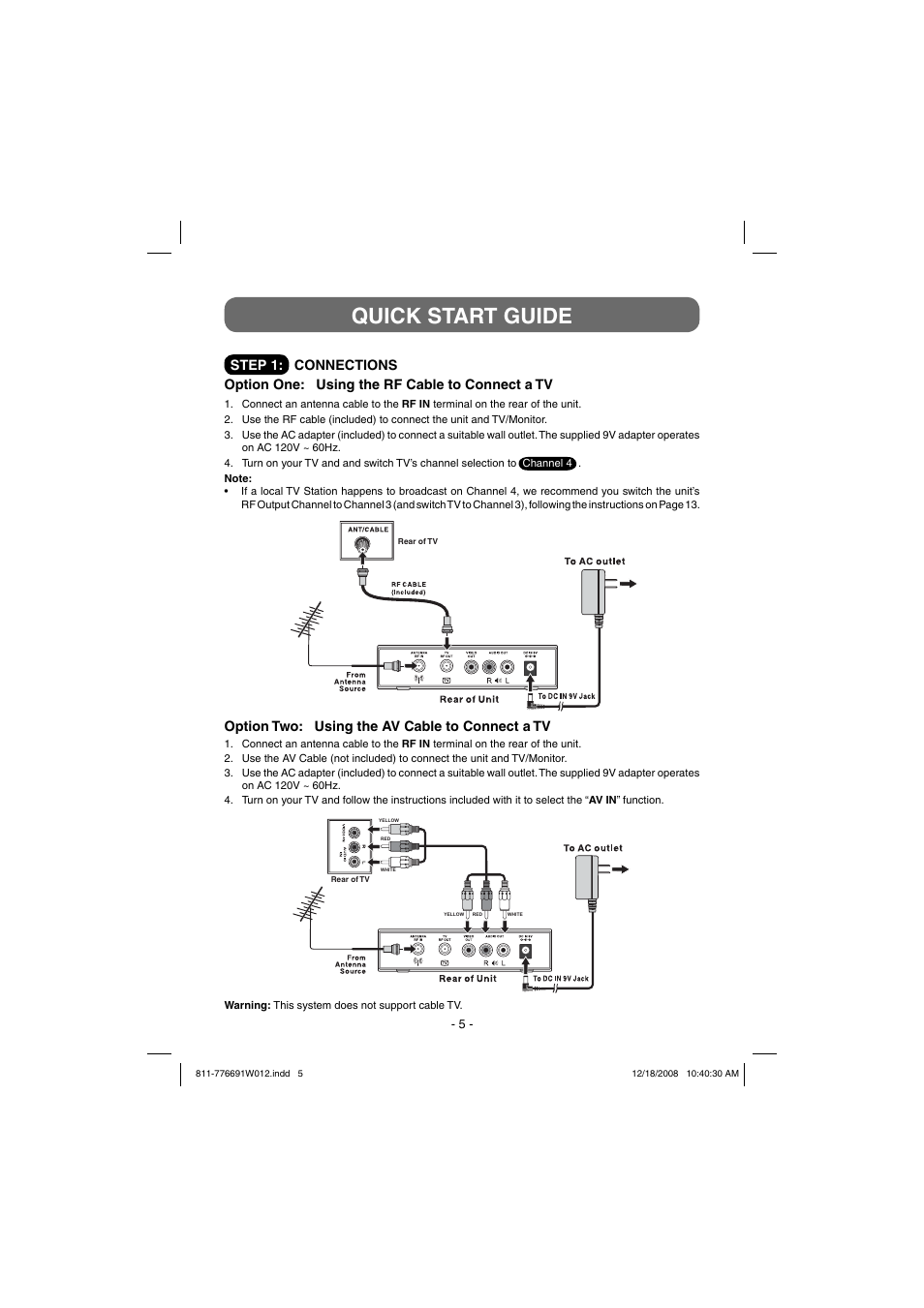 Quick start guide, Option two: using the av cable to connect a tv | Venturer STB7766G User Manual | Page 6 / 20