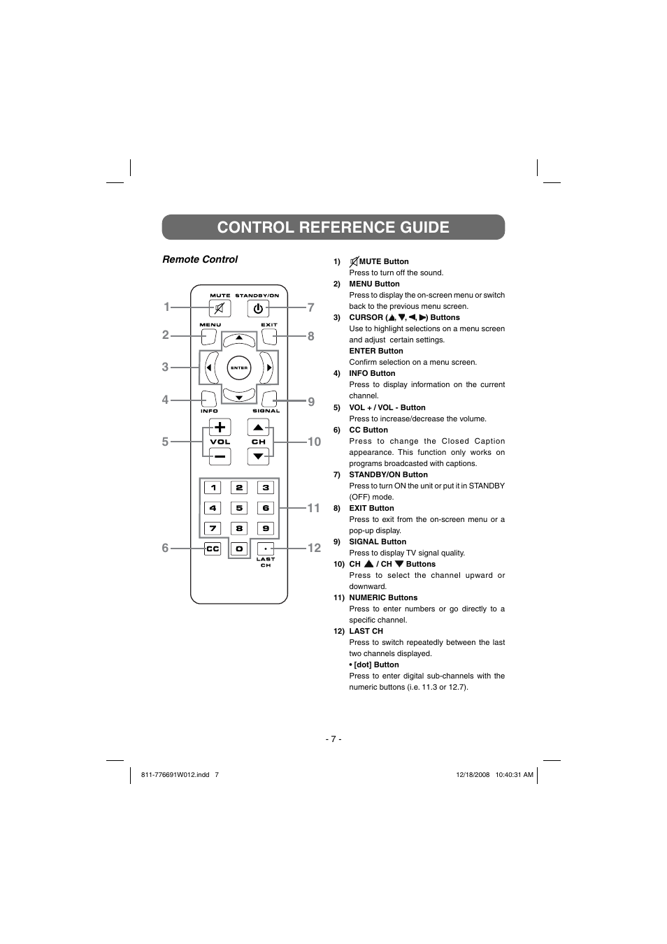 Control reference guide | Venturer STB7766G User Manual | Page 8 / 20