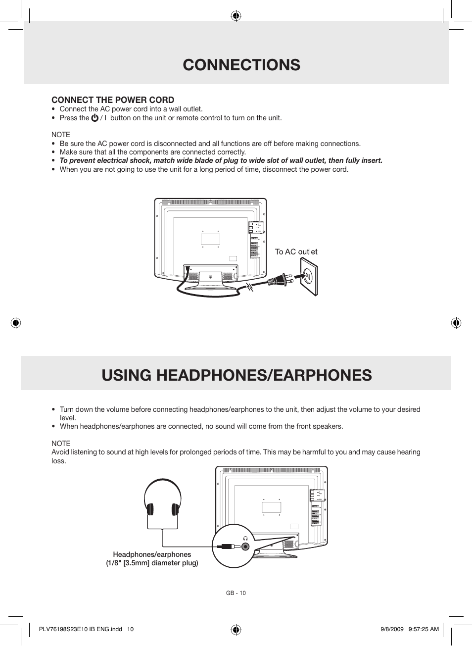 Connections, Using headphones/earphones | Venturer PLV76198E User Manual | Page 10 / 16