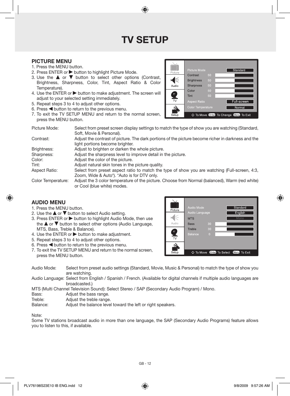 Tv setup | Venturer PLV76198E User Manual | Page 12 / 16