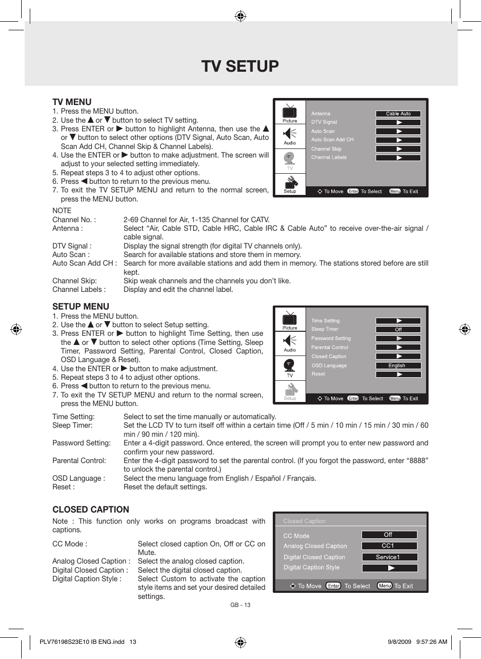 Tv setup | Venturer PLV76198E User Manual | Page 13 / 16
