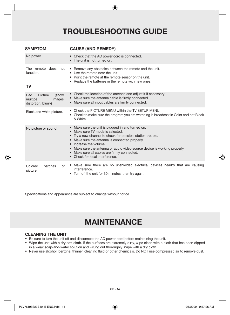 Maintenance, Troubleshooting guide | Venturer PLV76198E User Manual | Page 14 / 16