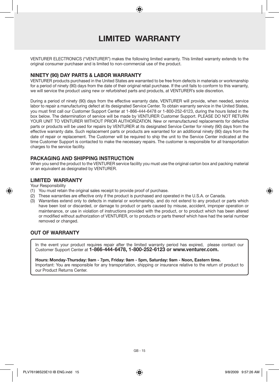 Limited warranty | Venturer PLV76198E User Manual | Page 15 / 16