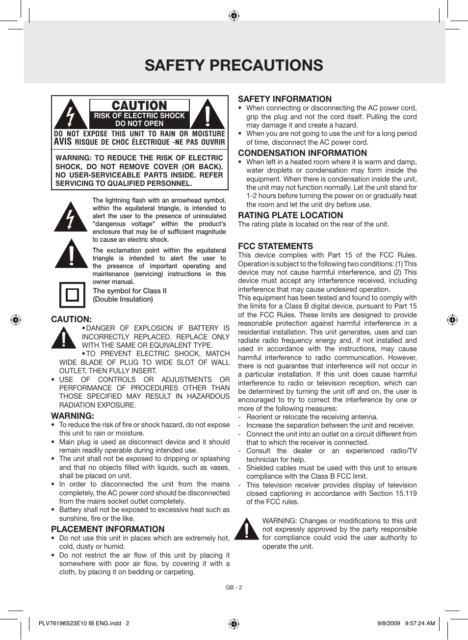 Safety precautions, Caution, Avis | Venturer PLV76198E User Manual | Page 2 / 16