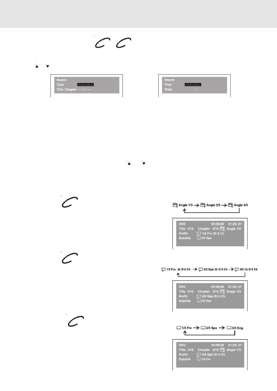 Special functions, Locating a specific time, Angle setting | Audio setting, Subtitle setting | Venturer STS91 User Manual | Page 23 / 39