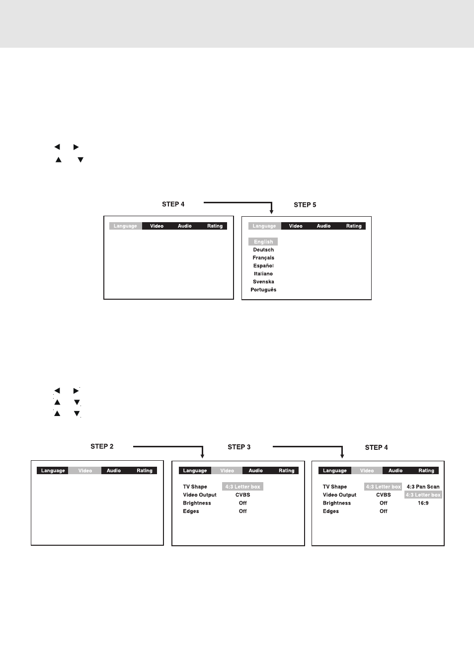 Customizing the function settings, Language setting, Video setting | Tv shape | Venturer STS91 User Manual | Page 28 / 39